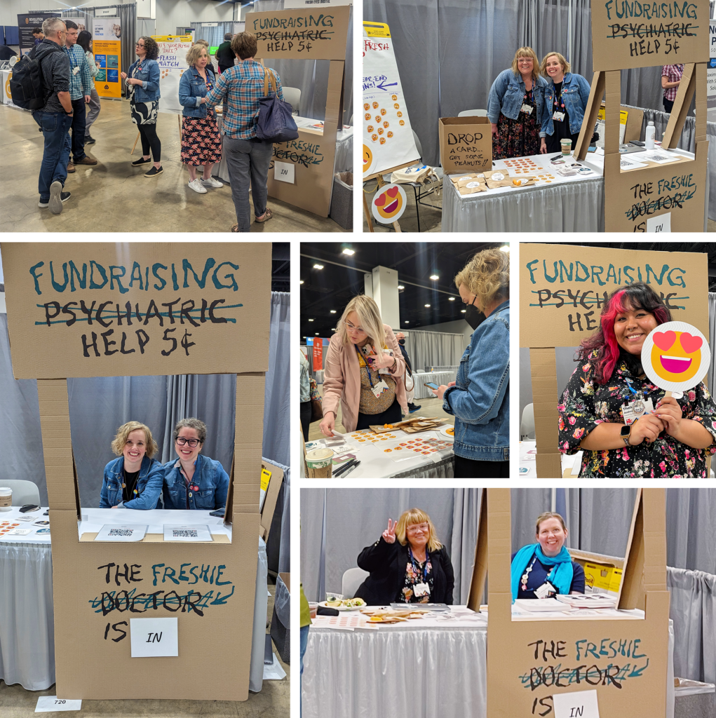 Collage of Fresh Eyes Digital staff members engaging with the community at our Peanuts themed cardboard booth. 
