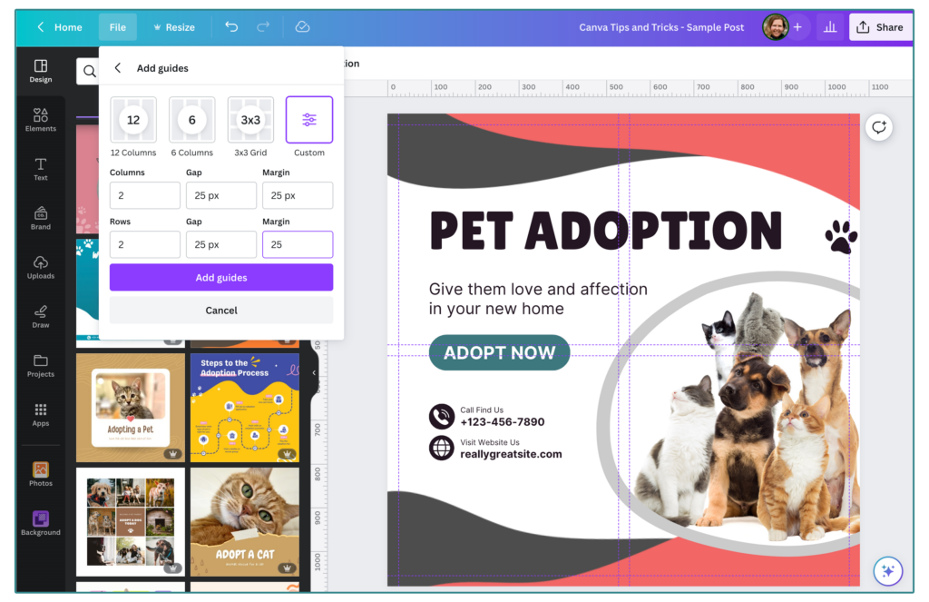 Screenshot of the Canva Add Guides panel and a preview of simple guidelines on a Pet Adoption social asset.