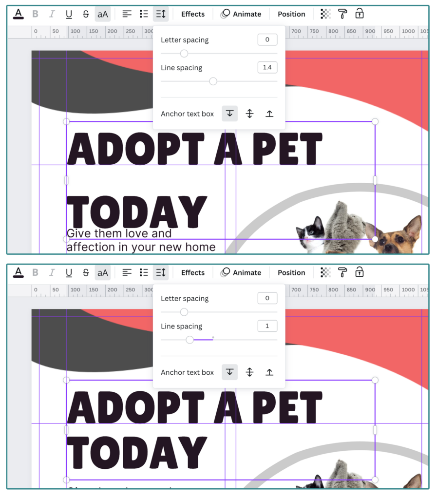 Screenshot of the Canva menu showing the spacing tools and examples of line spacing set to 1 or 1.4. 