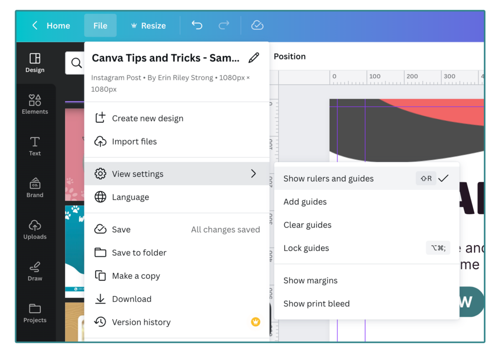 Screenshot of the Canva menu leading to the Show Rulers and Guides option. 