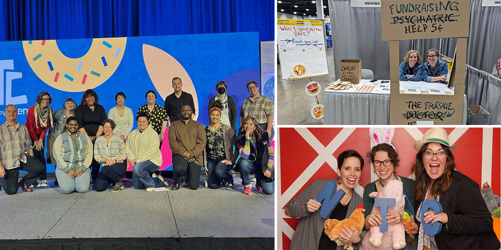 Three photo collage. Left: Group photo of NTEN volunteers. Top right: Fresh Eyes Digital co-founders Jenn and Rachel behind a handmade cardboard booth that reads "Fundraising Help 5¢". Bottom right: Group photo of Jenn, Rachel, and Bettina at 2017 NTC holding up some cute farm props.