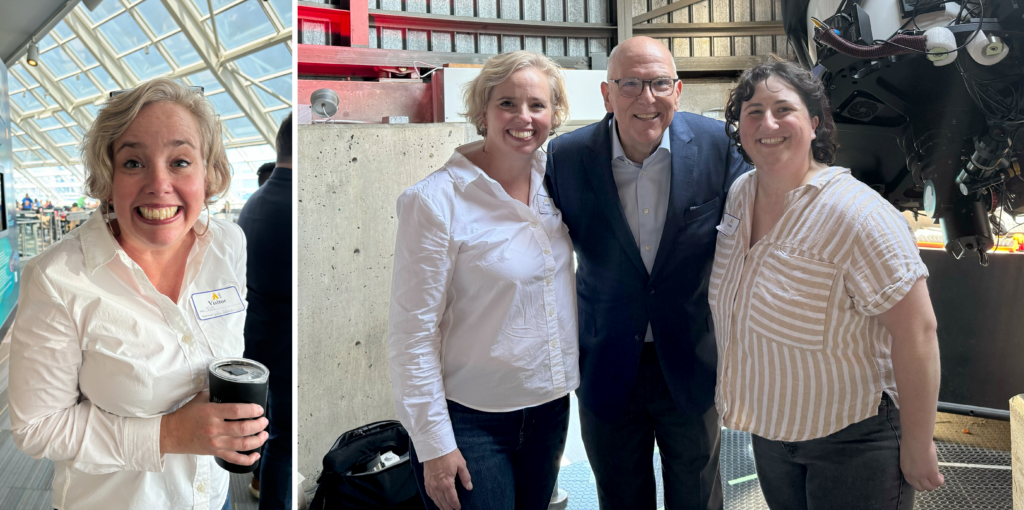 Collage of Jenn Lejano EXCITED to meet Tom Skilling, and Jenn and Ilana with Tom at the Adler.