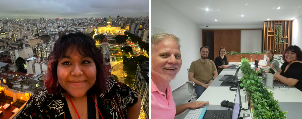 Collage of images of Thelma in Buenos Aires and coworking with her travel friends.